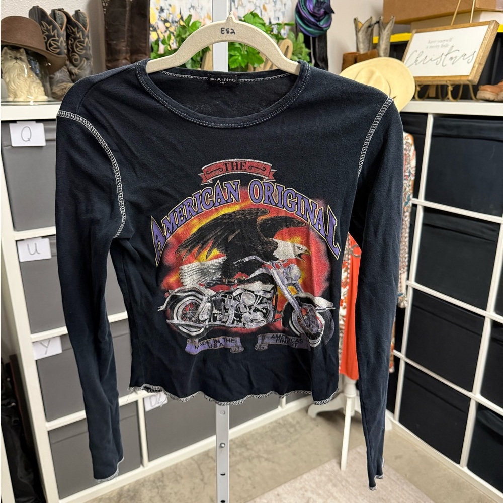FANG Black "The American Original" Harley Bikercore Graphic Long Sleeve Crop Top